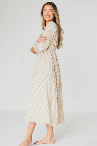 Hunter Printed Gauze Midi Dress in Natural Plaid - Bump Friendly *9/22 PRE-ORDER*