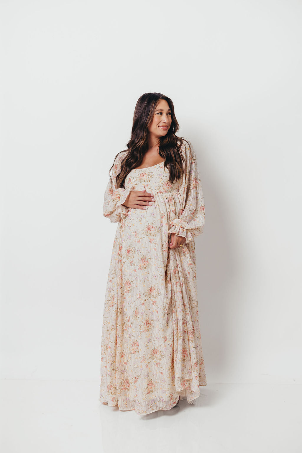 Rosey Woven Floral Print Empire Maxi Dress in Cream Multi - Bump Friendly *9/12 PRE-ORDER*