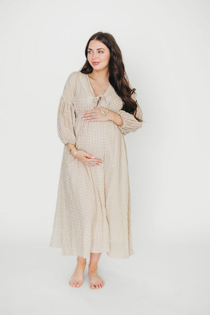 Hunter Printed Gauze Midi Dress in Natural Plaid - Bump Friendly *9/22 PRE-ORDER*