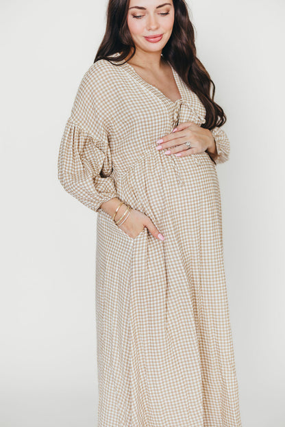 Hunter Printed Gauze Midi Dress in Natural Plaid - Bump Friendly *9/22 PRE-ORDER*