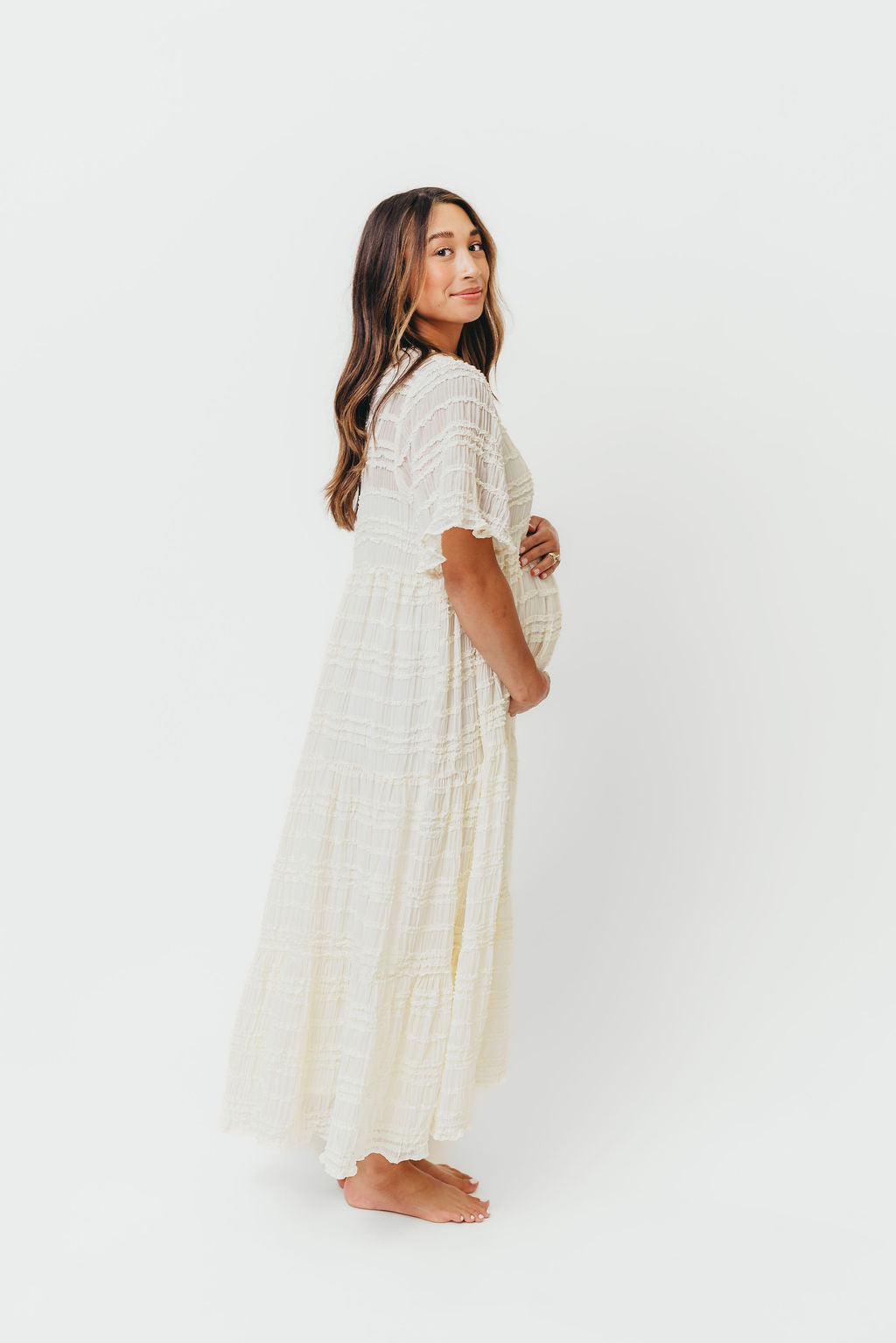 Kristin Tiered Woven Maxi Dress in Ivory - Bump Friendly - Detachable Liner