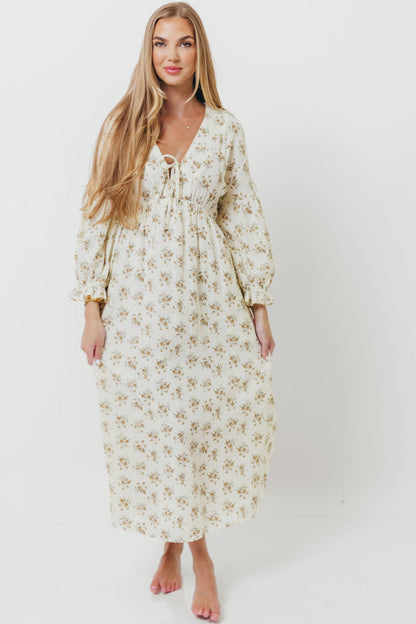 Hunter 100% Cotton Gauze Maxi Dress with Detail Trimming in Cream Taupe Floral - Bump Friendly and Inclusive Sizing *9/12 PRE-ORDER*