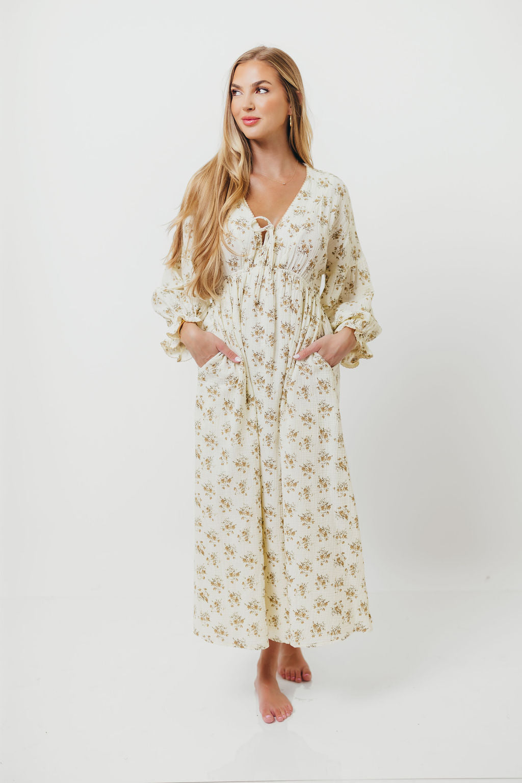 Hunter 100% Cotton Gauze Maxi Dress with Detail Trimming in Cream Taupe Floral - Bump Friendly and Inclusive Sizing *9/12 PRE-ORDER*
