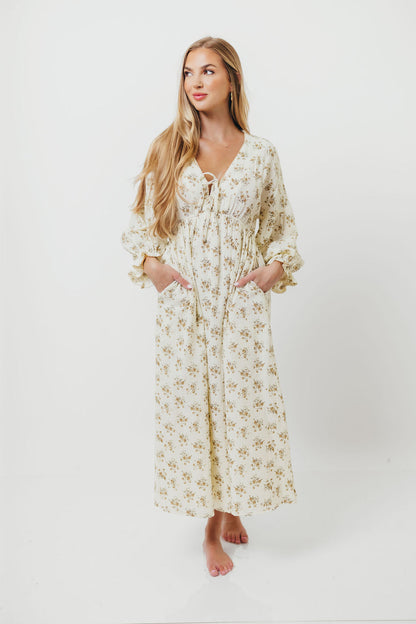 Hunter 100% Cotton Gauze Maxi Dress with Detail Trimming in Cream Taupe Floral - Bump Friendly and Inclusive Sizing *9/12 PRE-ORDER*