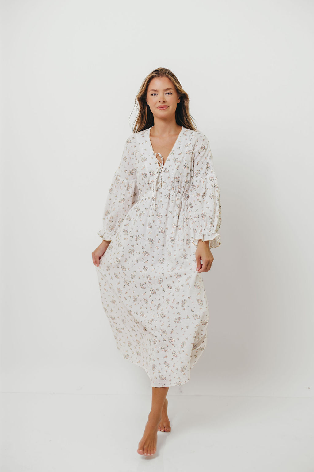 Hunter 100% Cotton Gauze Maxi Dress with Detail Trimming in Ivory Pink Floral - Bump Friendly and Inclusive Sizing *9/12 PRE-ORDER*