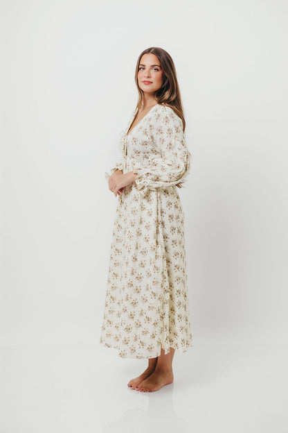 Hunter 100% Cotton Gauze Maxi Dress with Detail Trimming in Cream Taupe Floral - Bump Friendly and Inclusive Sizing *9/12 PRE-ORDER*