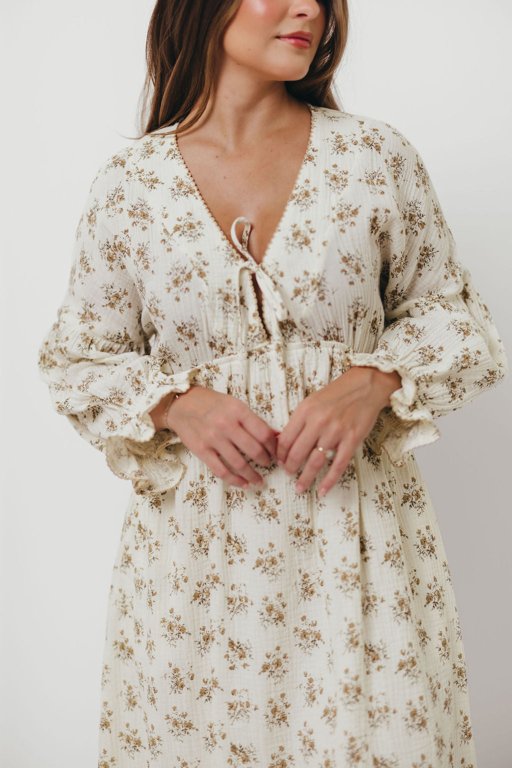 Hunter 100% Cotton Gauze Maxi Dress with Detail Trimming in Cream Taupe Floral - Bump Friendly and Inclusive Sizing *9/12 PRE-ORDER*