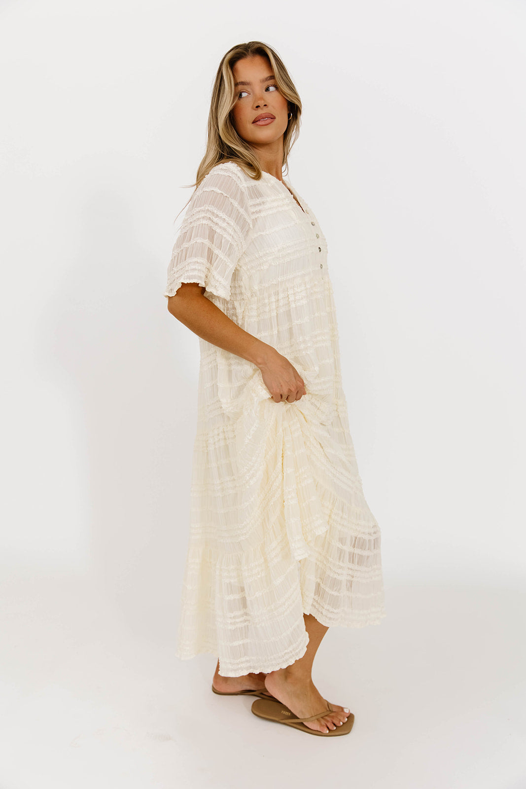 Kristin Tiered Woven Maxi Dress in Ivory - Bump Friendly - Detachable Liner