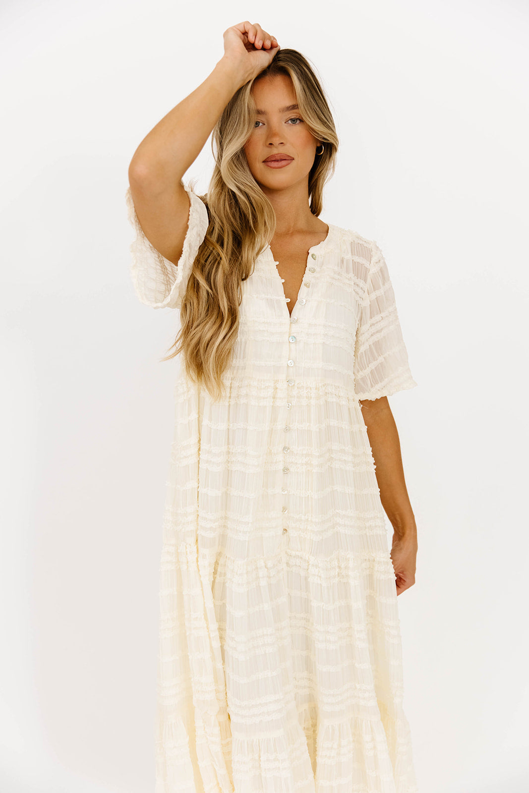 Kristin Tiered Woven Maxi Dress in Ivory - Bump Friendly - Detachable Liner