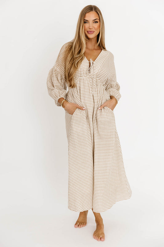 Hunter Printed Gauze Midi Dress in Natural Plaid - Bump Friendly *9/22 PRE-ORDER*