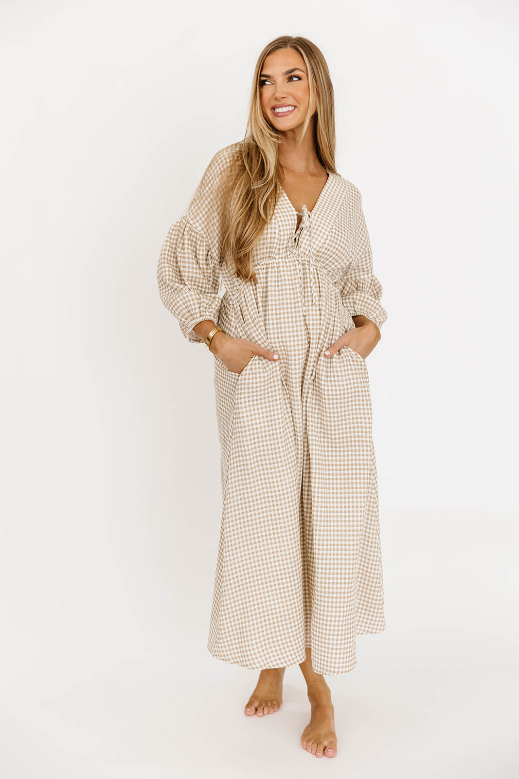 Hunter Printed Gauze Midi Dress in Natural Plaid - Bump Friendly *9/22 PRE-ORDER*