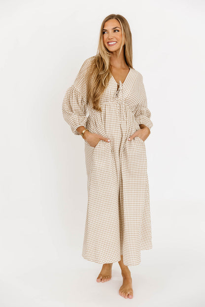 Hunter Printed Gauze Midi Dress in Natural Plaid - Bump Friendly *9/22 PRE-ORDER*