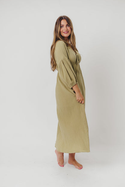 Hunter 100% Cotton Gauze Midi Dress in Thyme - Bump Friendly and Inclusive Sizing *9/22 PRE-ORDER*