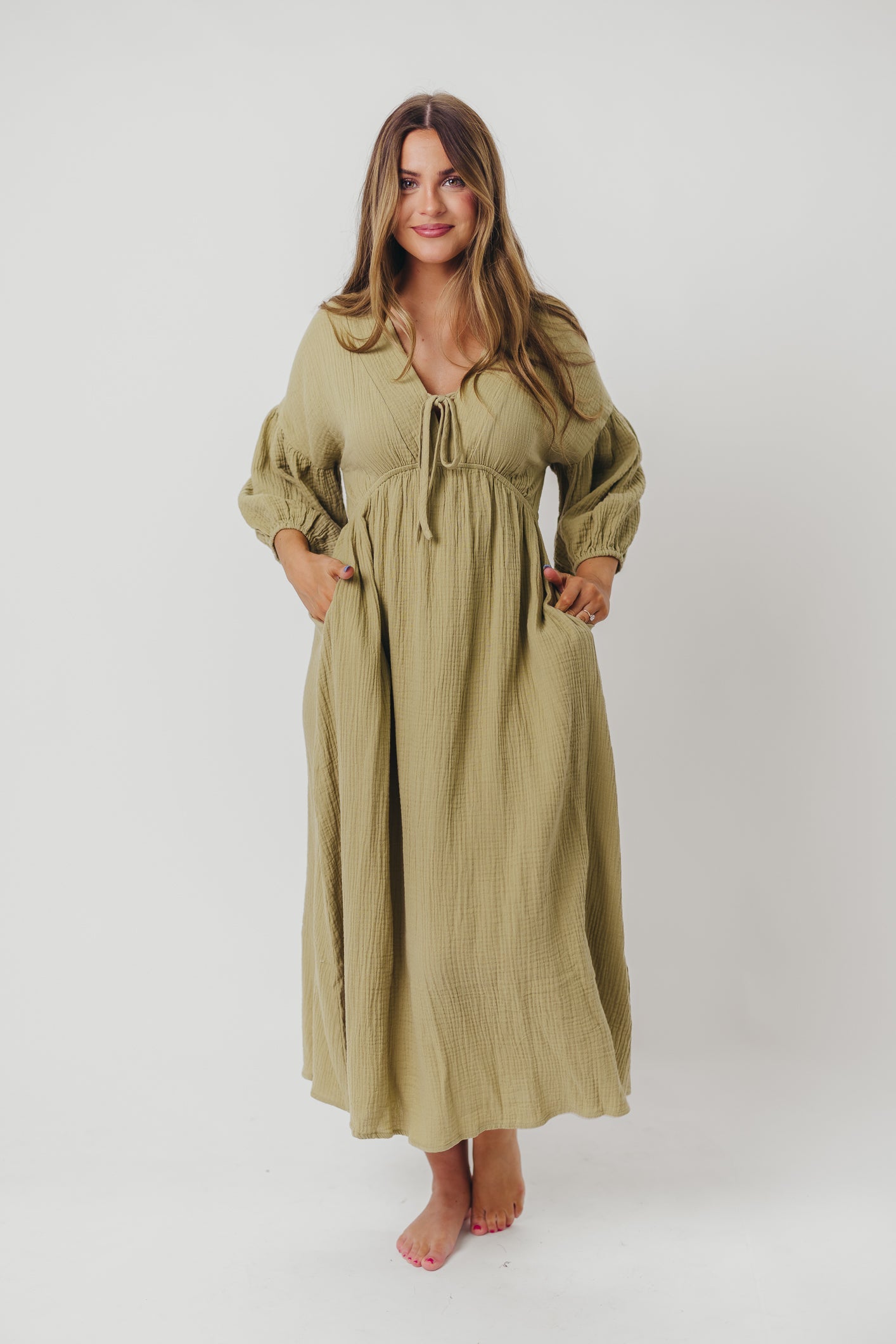 Hunter 100% Cotton Gauze Midi Dress in Thyme - Bump Friendly and Inclusive Sizing *9/22 PRE-ORDER*