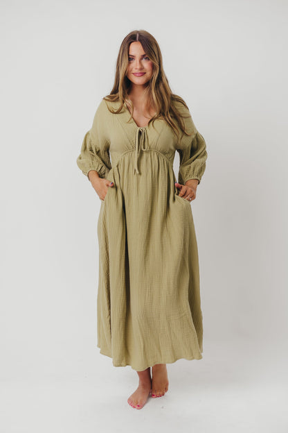 Hunter 100% Cotton Gauze Midi Dress in Thyme - Bump Friendly and Inclusive Sizing *9/22 PRE-ORDER*