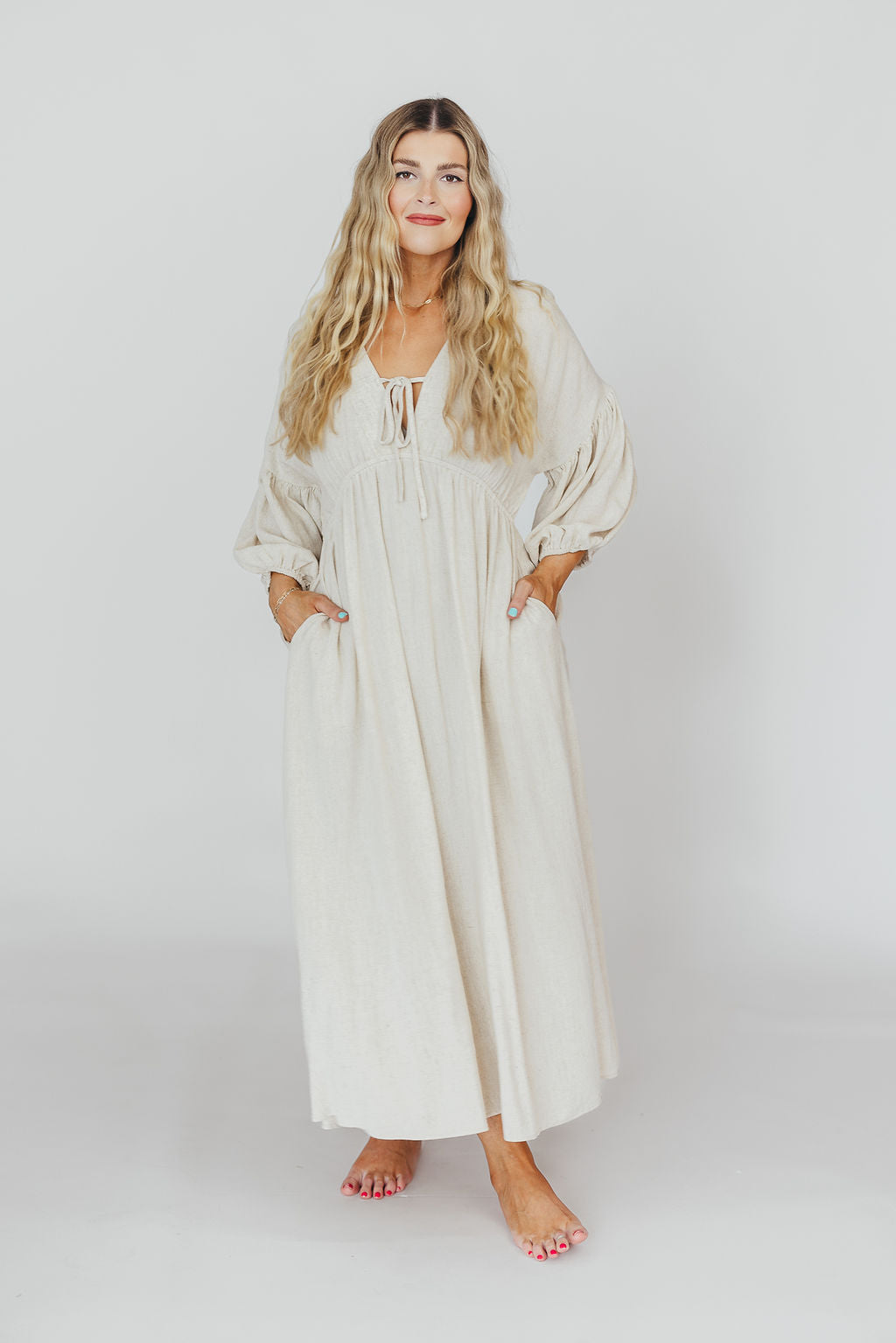 Hunter Linen-Blend Midi Dress in Greige - Bump Friendly *9/22 PRE-ORDER*