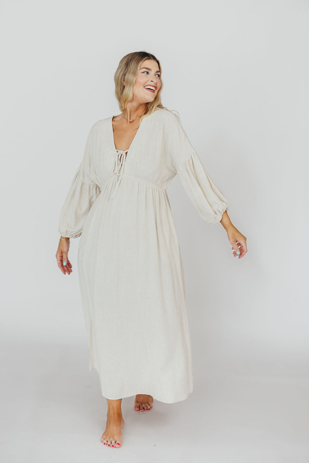 Hunter Linen-Blend Midi Dress in Greige - Bump Friendly *9/22 PRE-ORDER*