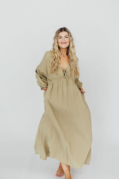 Hunter 100% Cotton Gauze Midi Dress in Thyme - Bump Friendly and Inclusive Sizing *9/22 PRE-ORDER*