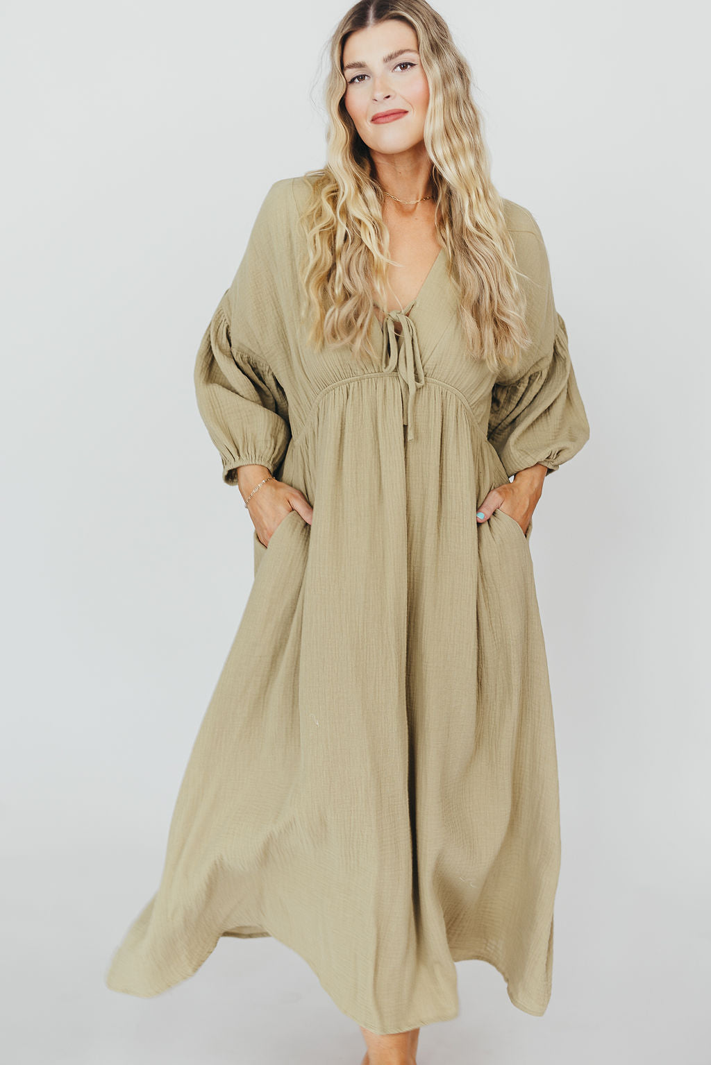 Hunter 100% Cotton Gauze Midi Dress in Thyme - Bump Friendly and Inclusive Sizing *9/22 PRE-ORDER*