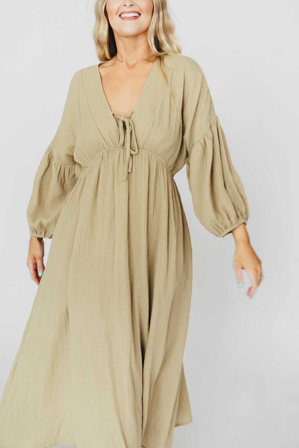 Hunter 100% Cotton Gauze Midi Dress in Thyme - Bump Friendly and Inclusive Sizing *9/22 PRE-ORDER*