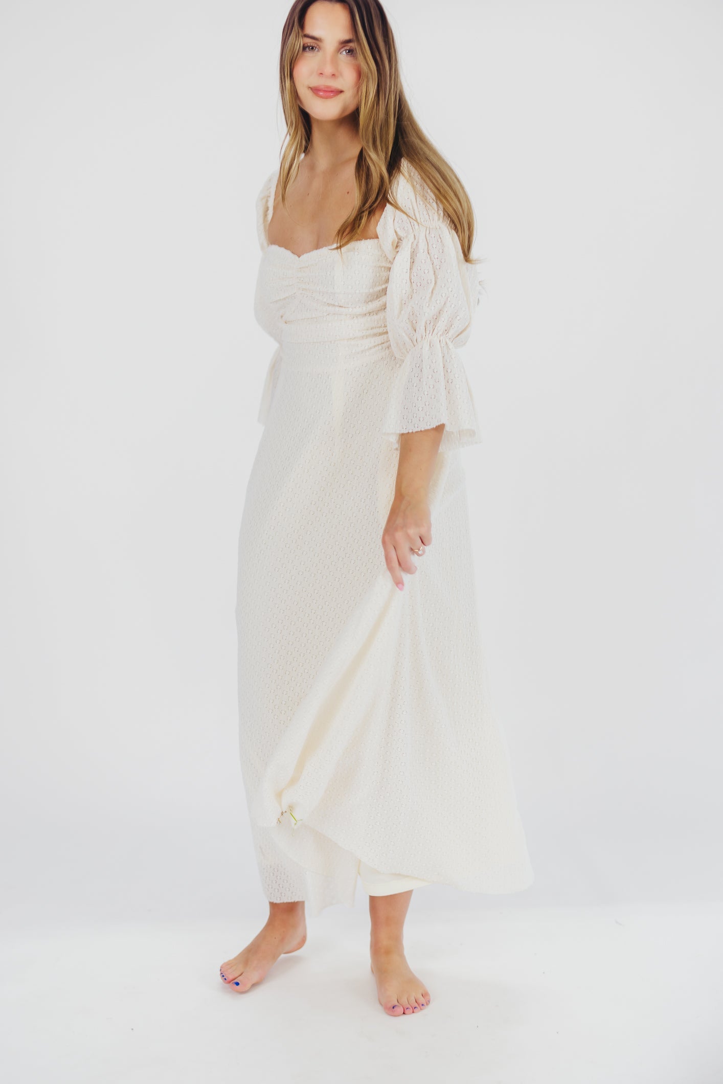 Corrine Tiered Sleeve Maxi Dress with Pockets in Ivory Cream - Bump Friendly