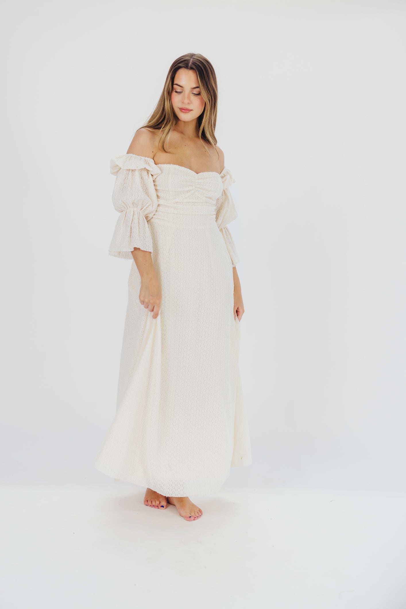 Corrine Tiered Sleeve Maxi Dress with Pockets in Ivory Cream - Bump Friendly