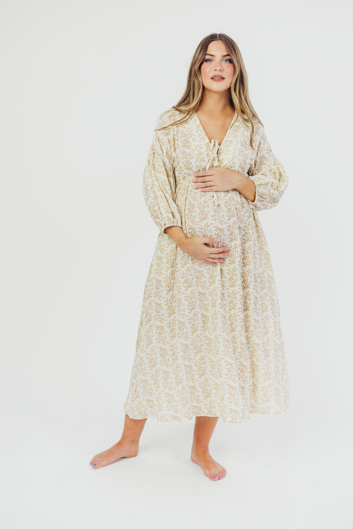 Hunter 100% Cotton Gauze Midi Dress in Natural/Tan Floral - Bump Friendly *9/22 PRE-ORDER*