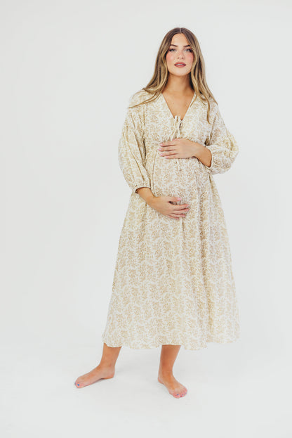 Hunter 100% Cotton Gauze Midi Dress in Natural/Tan Floral - Bump Friendly *9/22 PRE-ORDER*