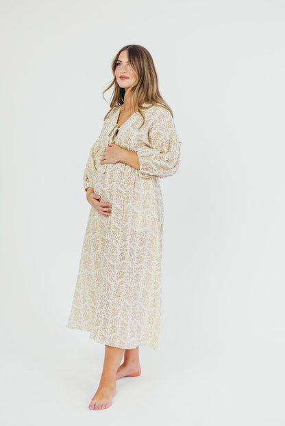 Hunter 100% Cotton Gauze Midi Dress in Natural/Tan Floral - Bump Friendly *9/22 PRE-ORDER*