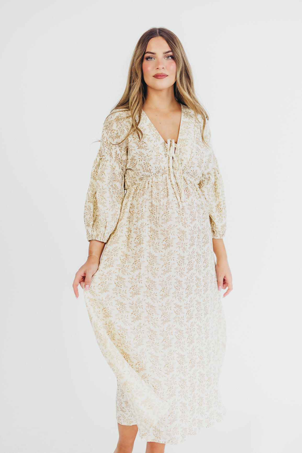Hunter 100% Cotton Gauze Midi Dress in Natural/Tan Floral - Bump Friendly *9/22 PRE-ORDER*