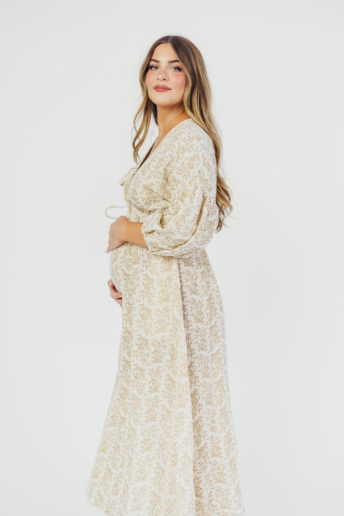 Hunter 100% Cotton Gauze Midi Dress in Natural/Tan Floral - Bump Friendly *9/22 PRE-ORDER*