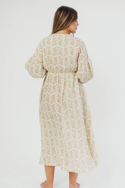 Hunter 100% Cotton Gauze Midi Dress in Natural/Tan Floral - Bump Friendly *9/22 PRE-ORDER*