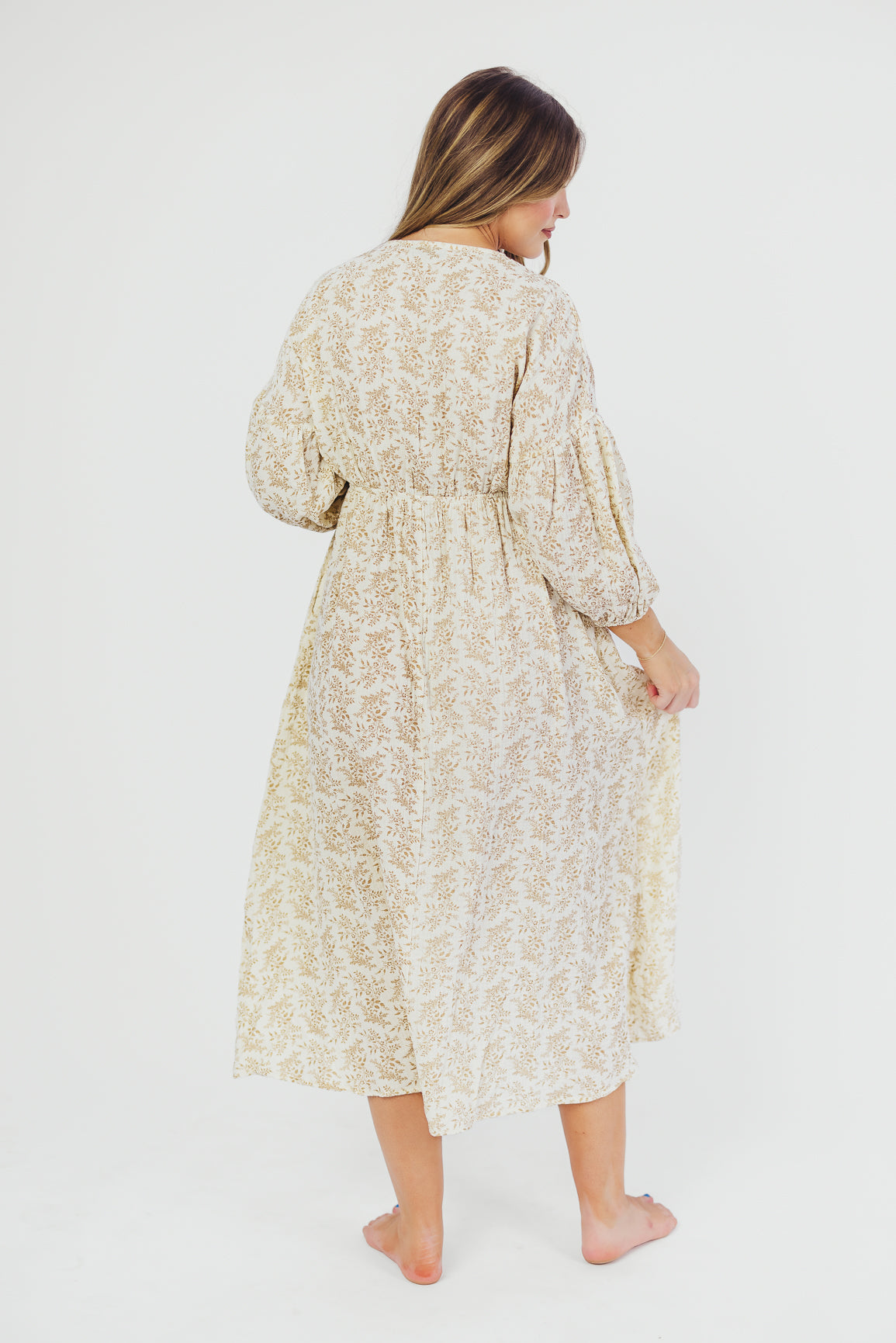 Hunter 100% Cotton Gauze Midi Dress in Natural/Tan Floral - Bump Friendly *9/22 PRE-ORDER*