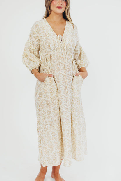 Hunter 100% Cotton Gauze Midi Dress in Natural/Tan Floral - Bump Friendly *9/22 PRE-ORDER*