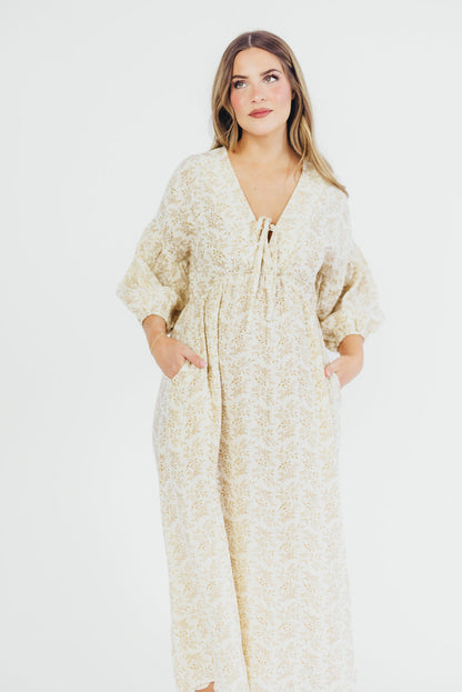 Hunter 100% Cotton Gauze Midi Dress in Natural/Tan Floral - Bump Friendly *9/22 PRE-ORDER*