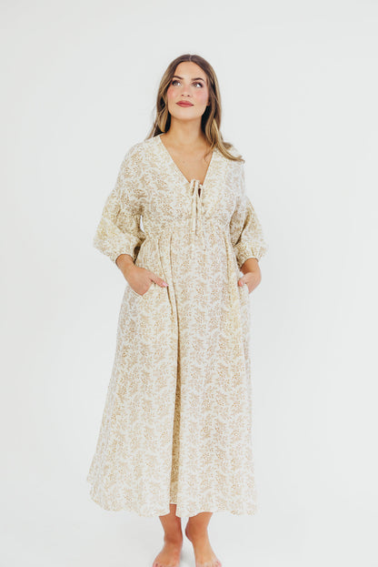 Hunter 100% Cotton Gauze Midi Dress in Natural/Tan Floral - Bump Friendly *9/22 PRE-ORDER*