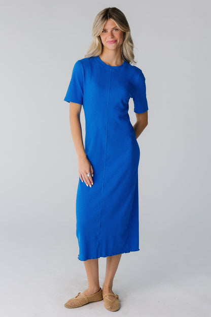 Brass & Roe Ribbed Midi Lettuce Hem Dress